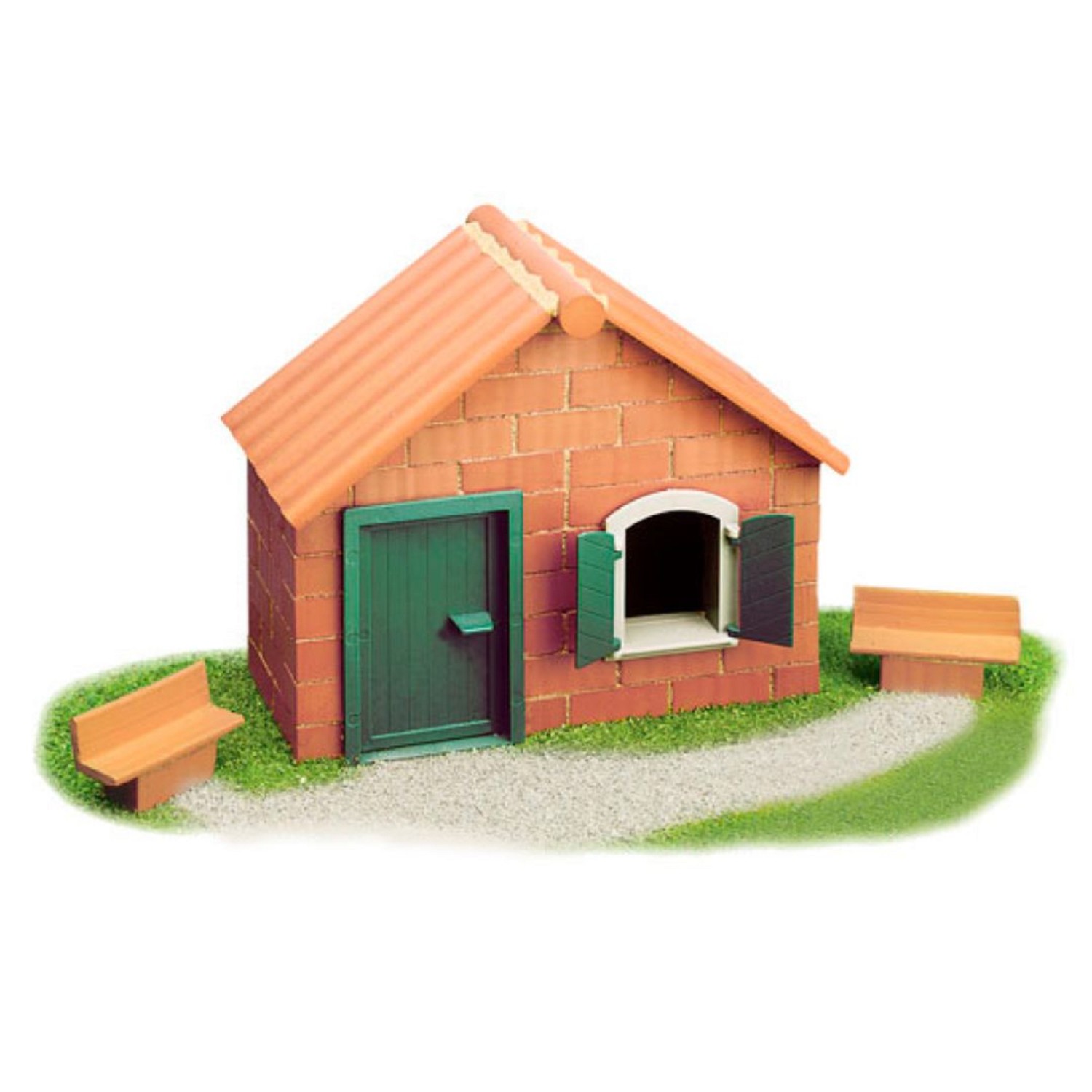 Casa em miniatura com telhado laranja e porta verde