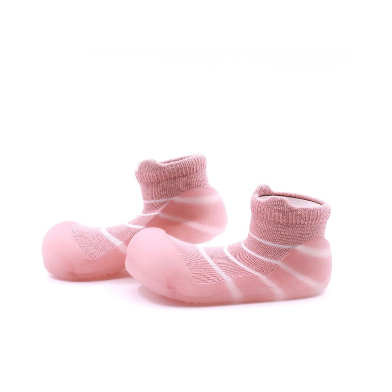 Pantufas rosas para bebé com sola de borracha e parte superior têxtil