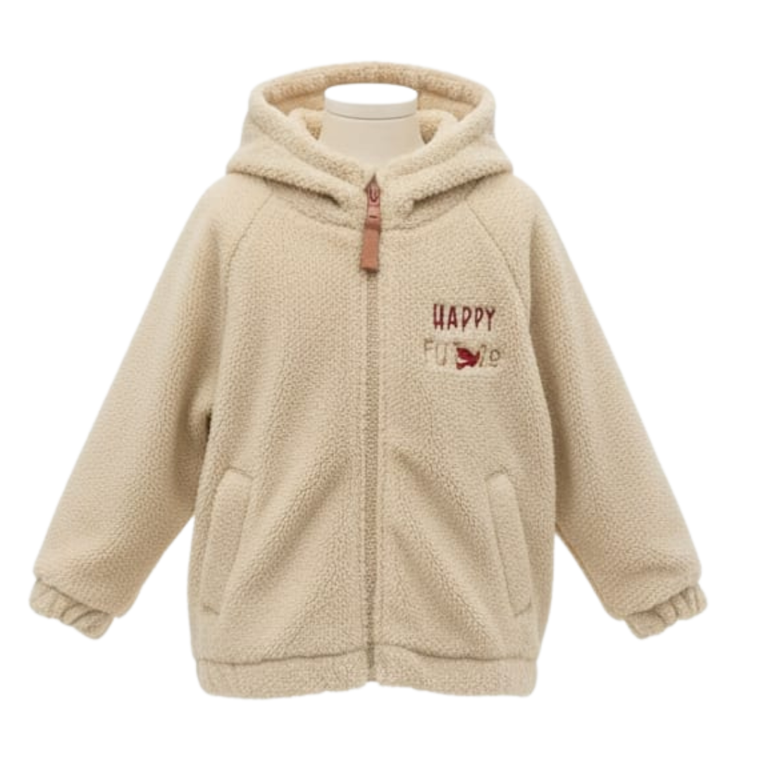 Casaco infantil bege felpudo com capuz e fecho