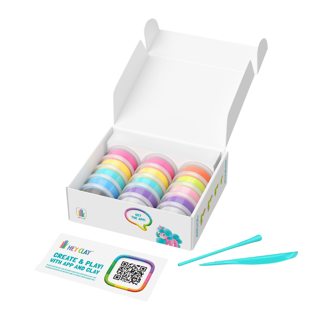 Conjunto de recipientes com argila colorida em tons pastel e ferramentas de modelagem azuis numa caixa branca aberta