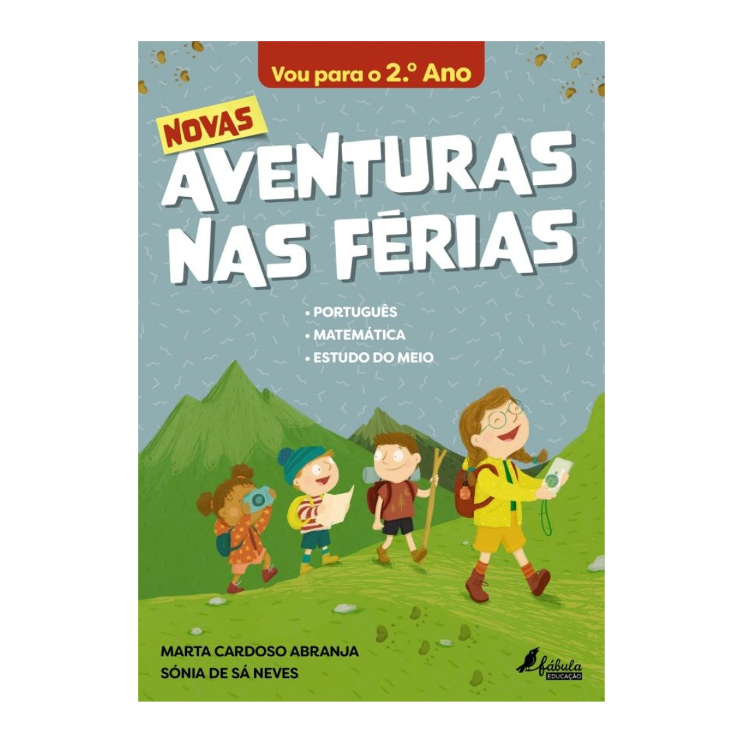 Capa de livro escolar com título Novas Aventuras nas Férias para o 2.º Ano e ilustração de crianças em caminhada