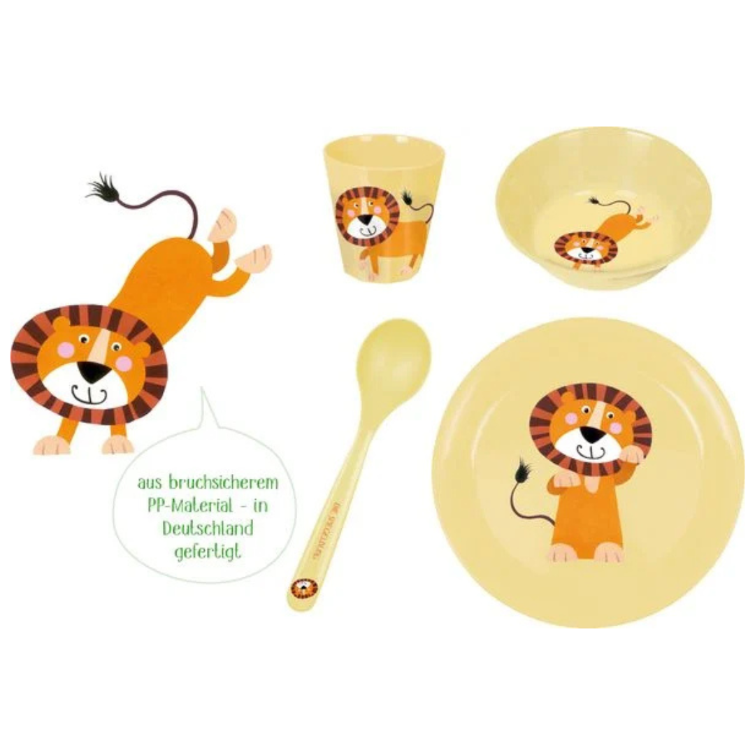 Conjunto de louça infantil bege com desenhos de leão.