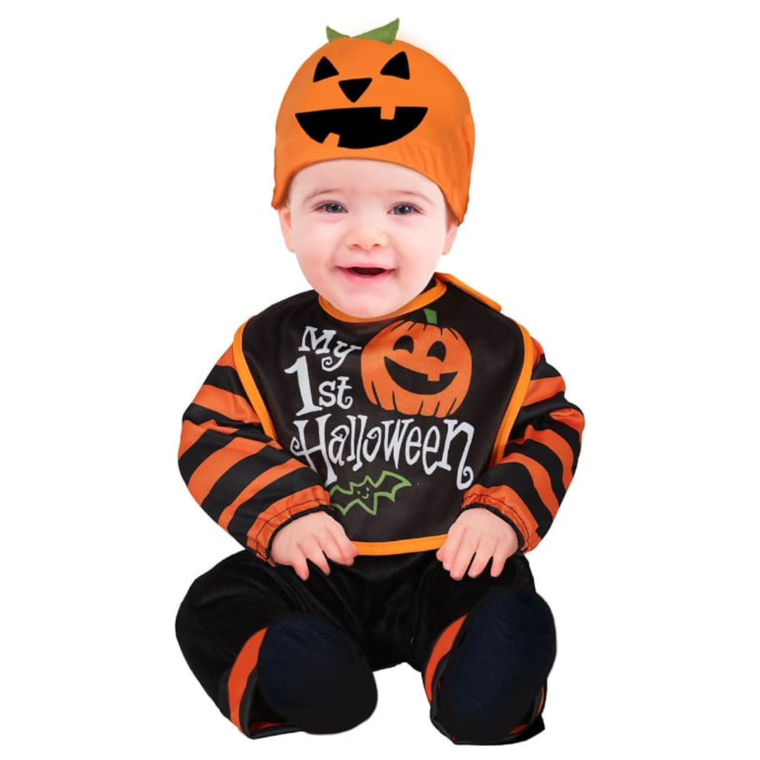 Fato de Halloween para bebé com babete e chapéu de abóbora