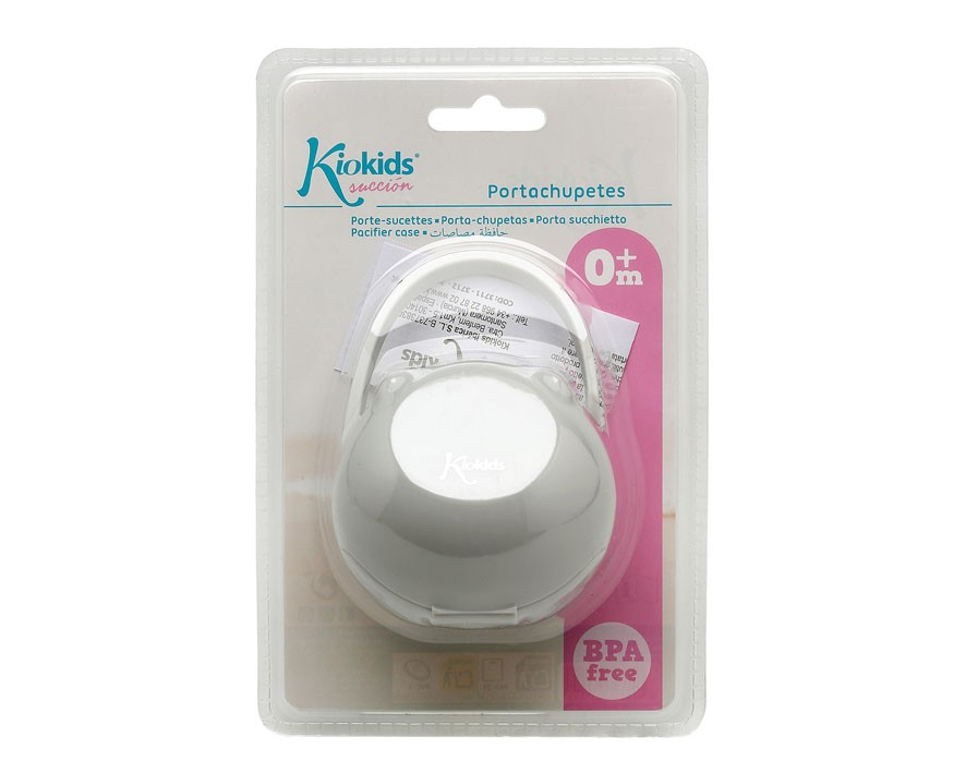 Porta-chupetes branco Kiokids em embalagem transparente com fundo rosa