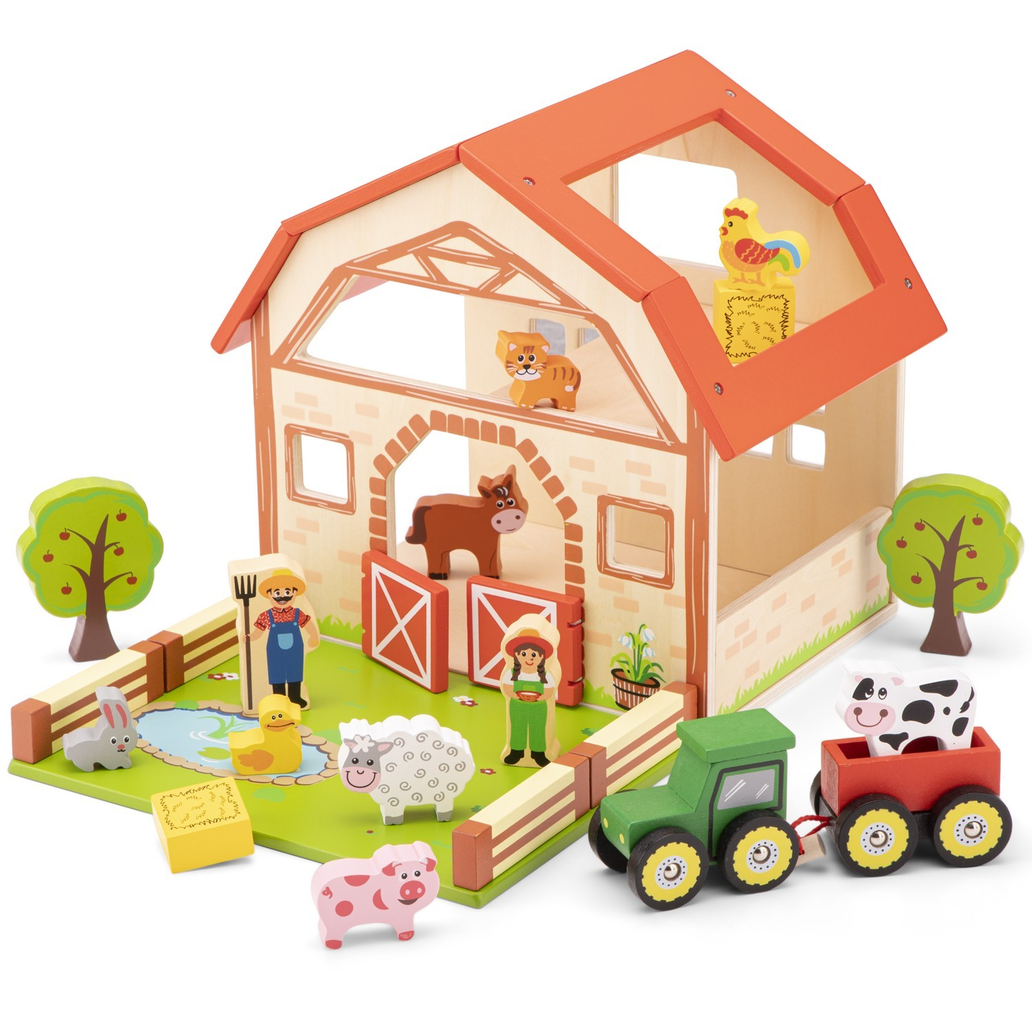 Brinquedo de madeira de quinta com animais, personagens, celeiro, árvores e trator