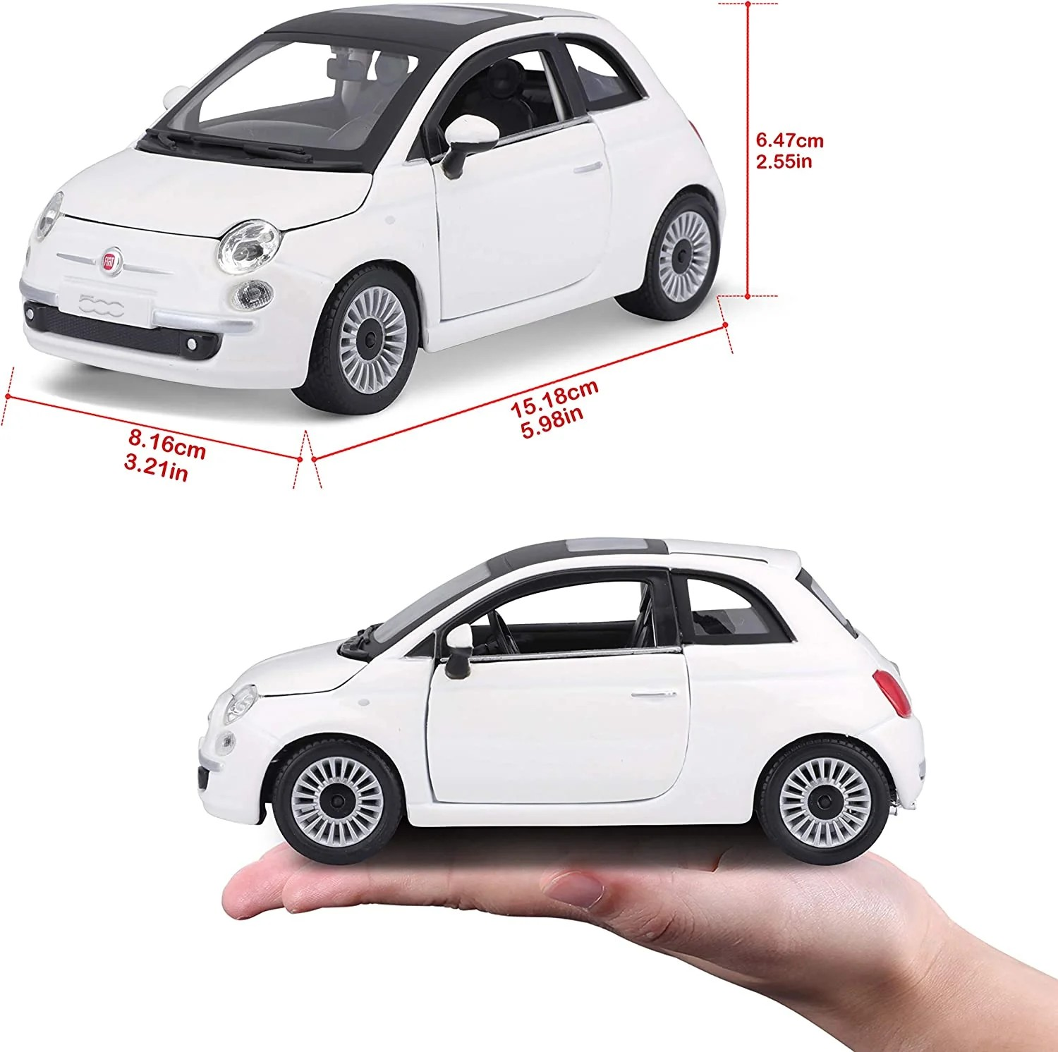 Miniatura de carro Fiat 500 branco com teto preto em duas vistas, apoiado numa mão