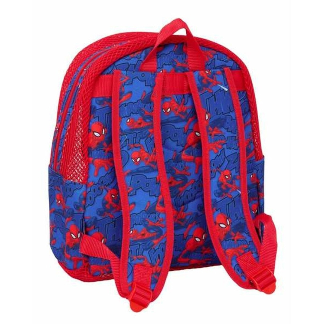 Mochila infantil azul com padrão do Homem-Aranha e detalhes vermelhos