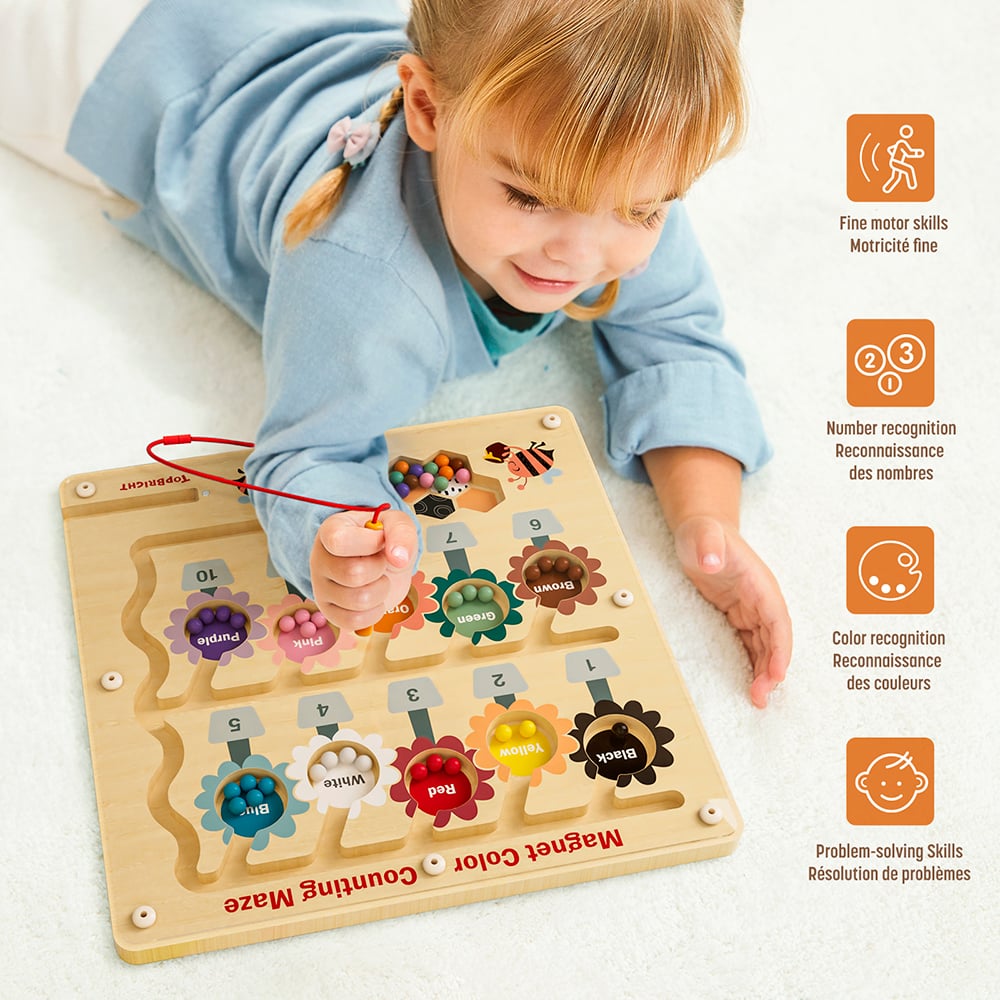 Tabuleiro educativo em madeira com percurso magnético de contas coloridas e criança a jogar