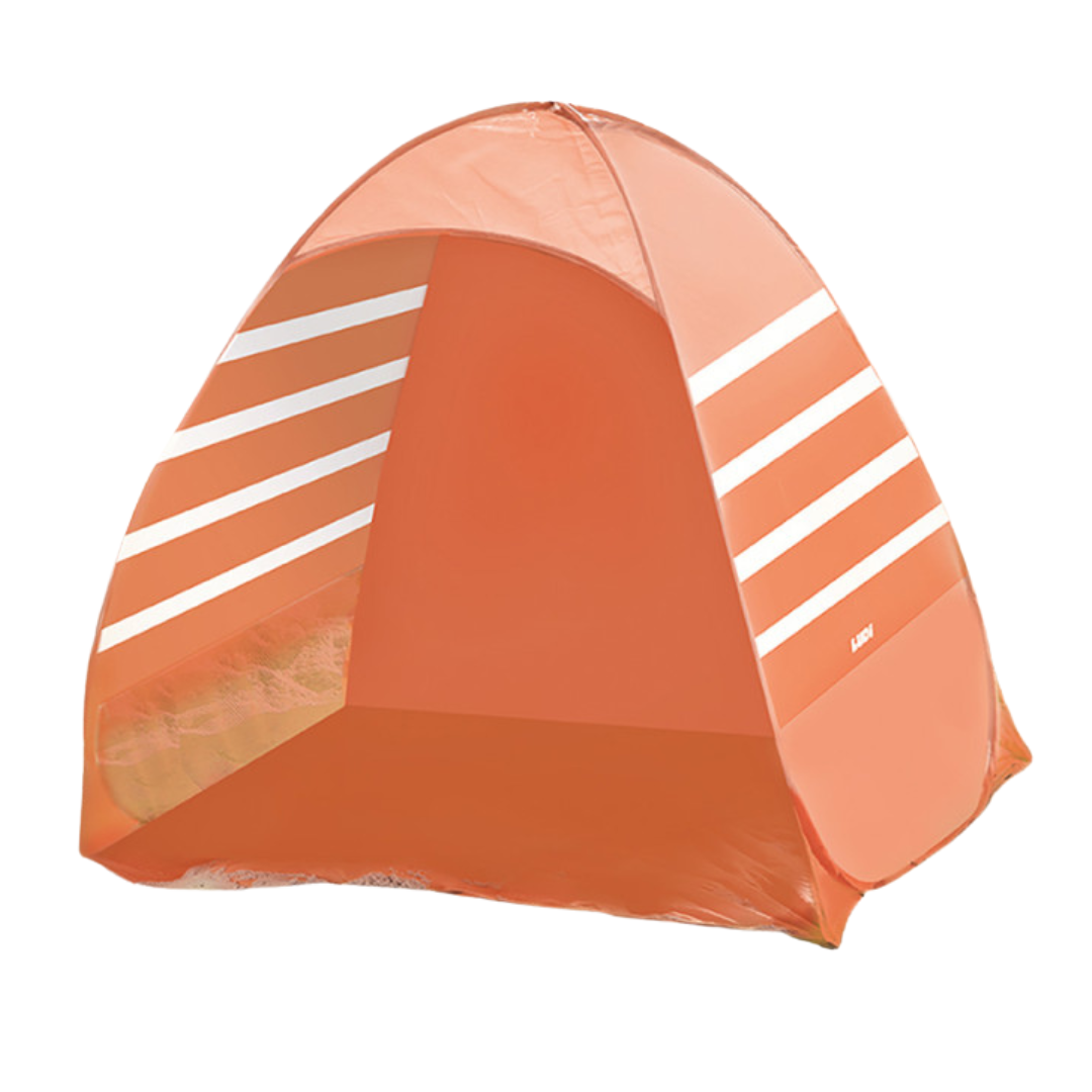 Tenda de praia laranja com riscas brancas e texto LAGUI