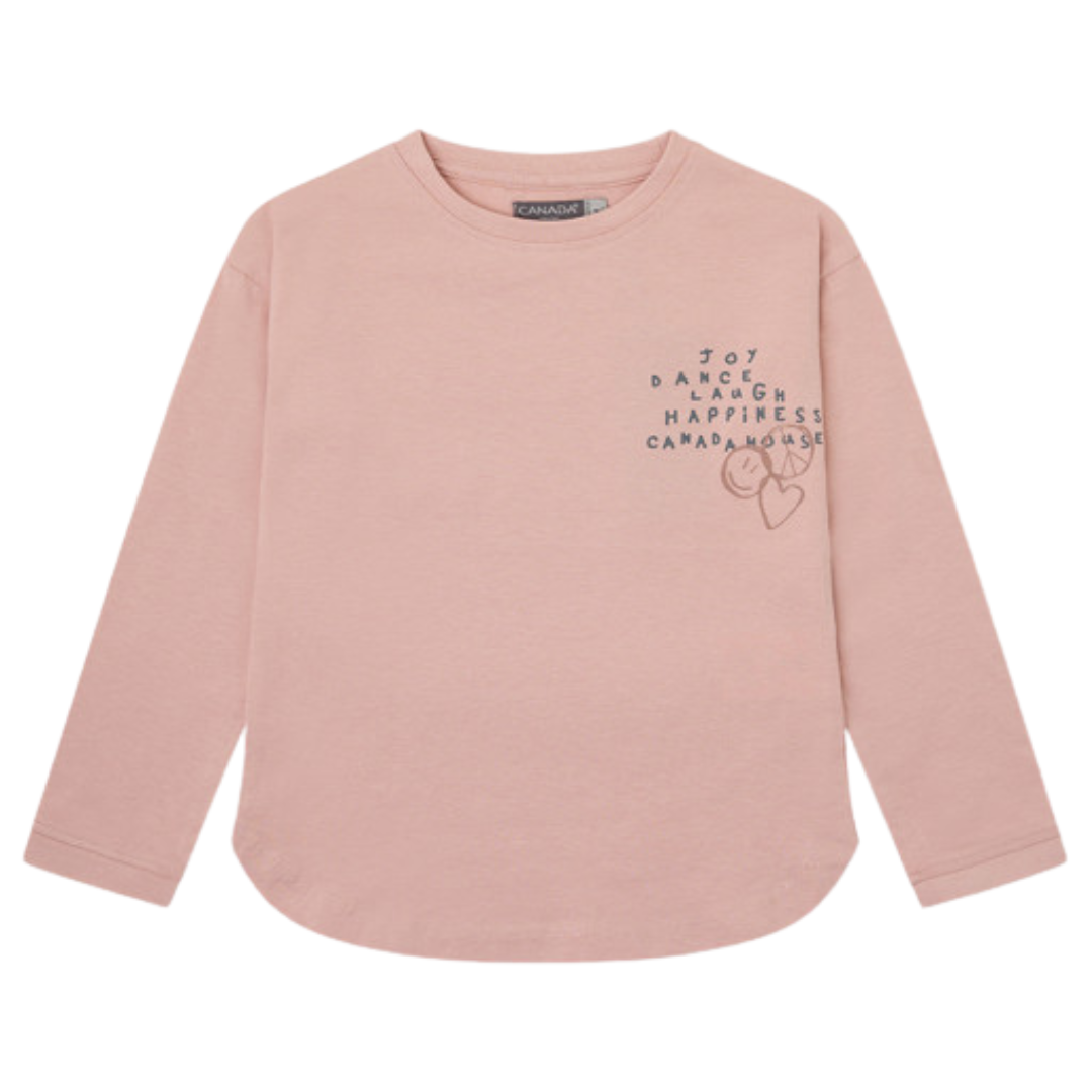 Camisola rosa clara de manga comprida com estampado e palavras