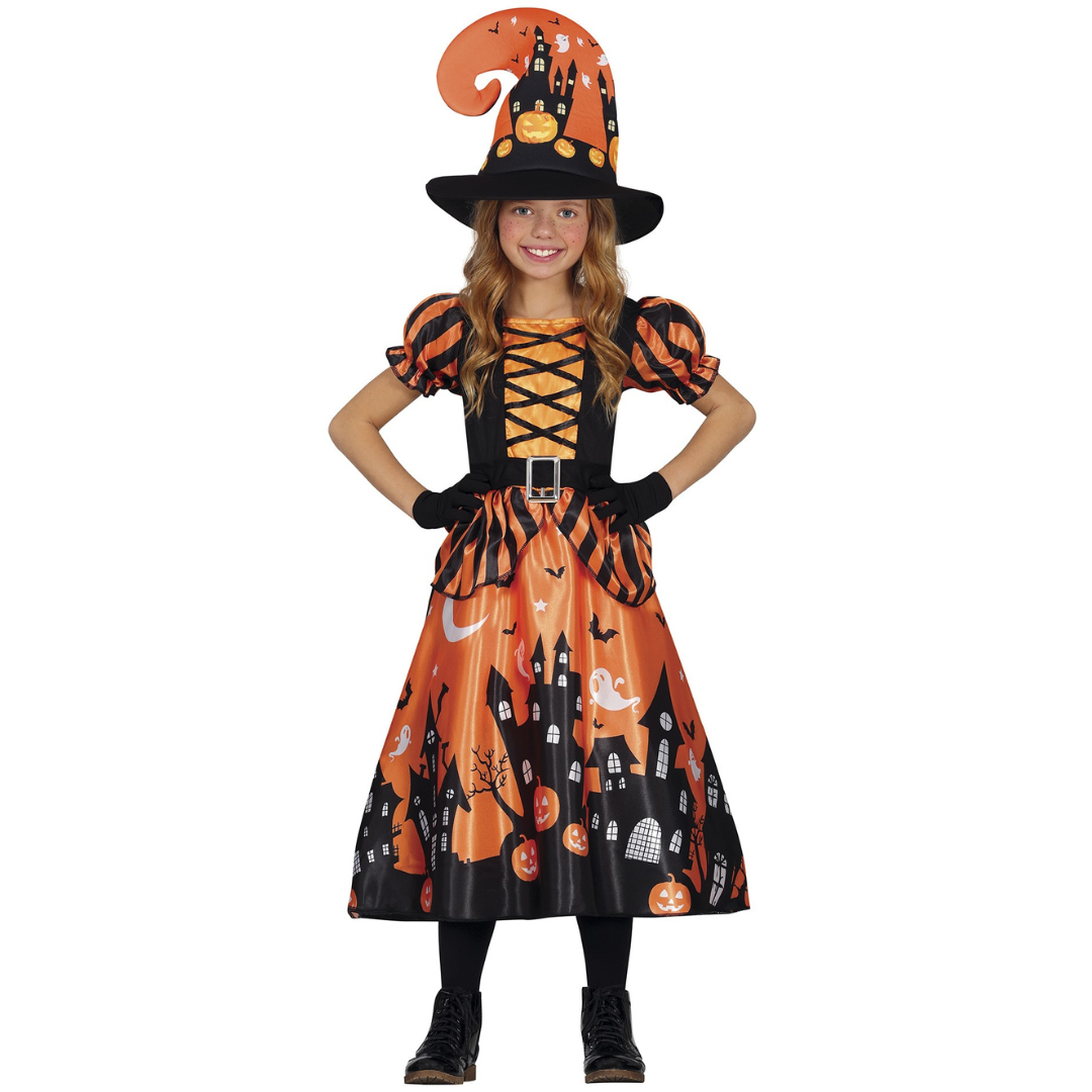 Fato de bruxa de Halloween para criança com vestido e chapéu alaranjados e pretos decorados