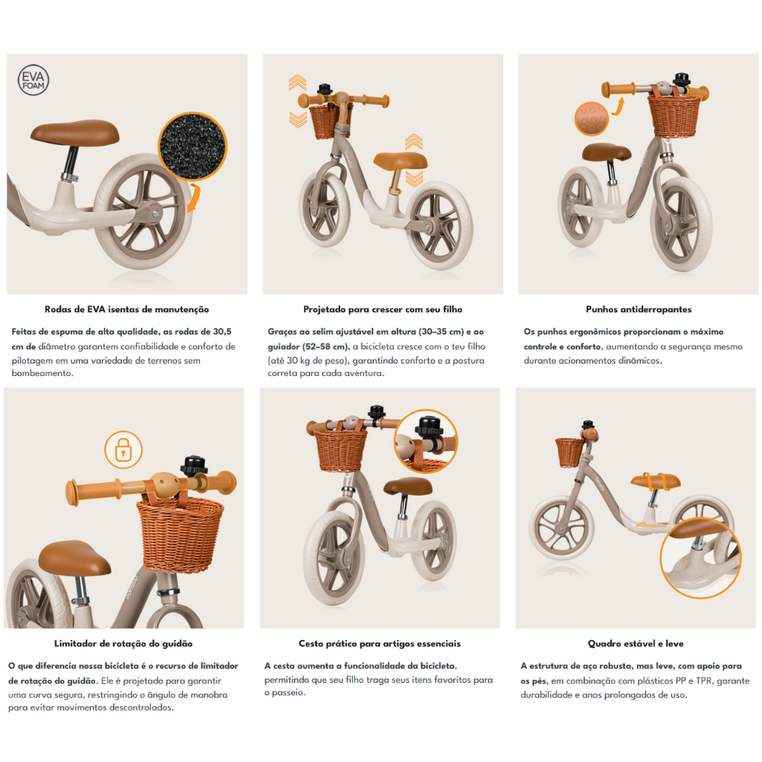 Bicicleta de equilíbrio para crianças com banco castanho, rodas cinzentas e cesto de vime