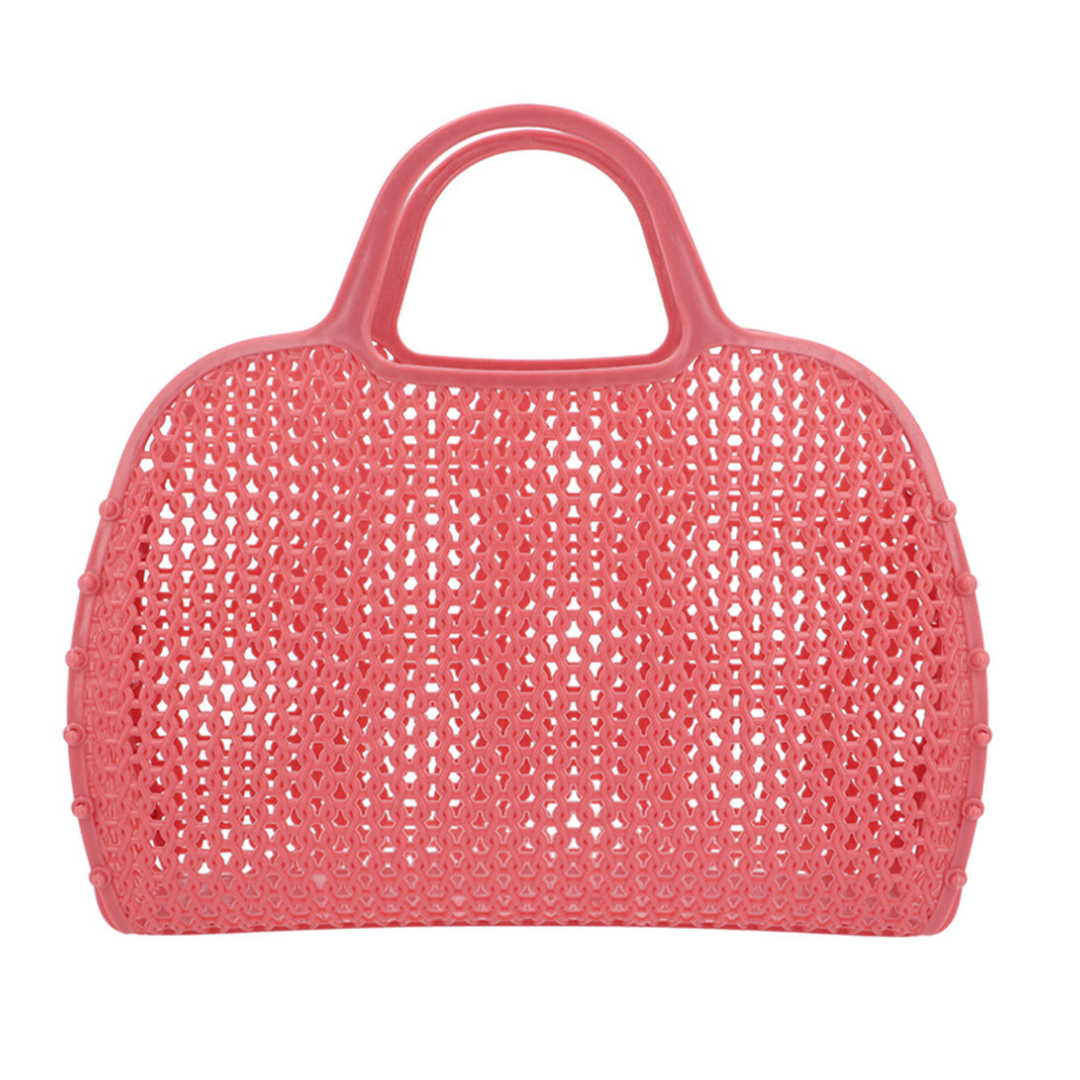 Saco de plástico vermelho perfurado com alça integrada