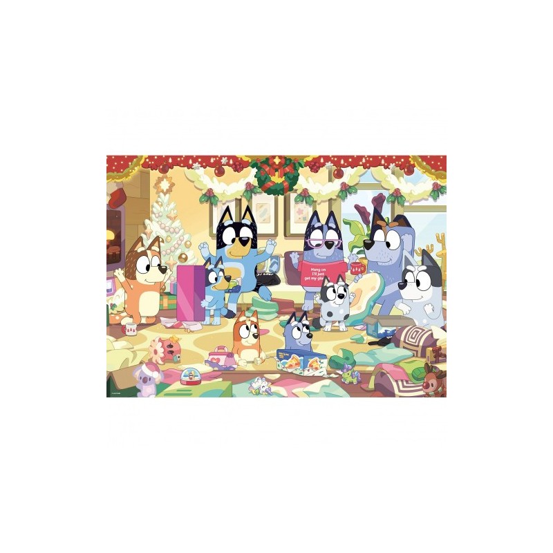 Desenho animado de cães em sala decorada para Natal com árvore e presentes