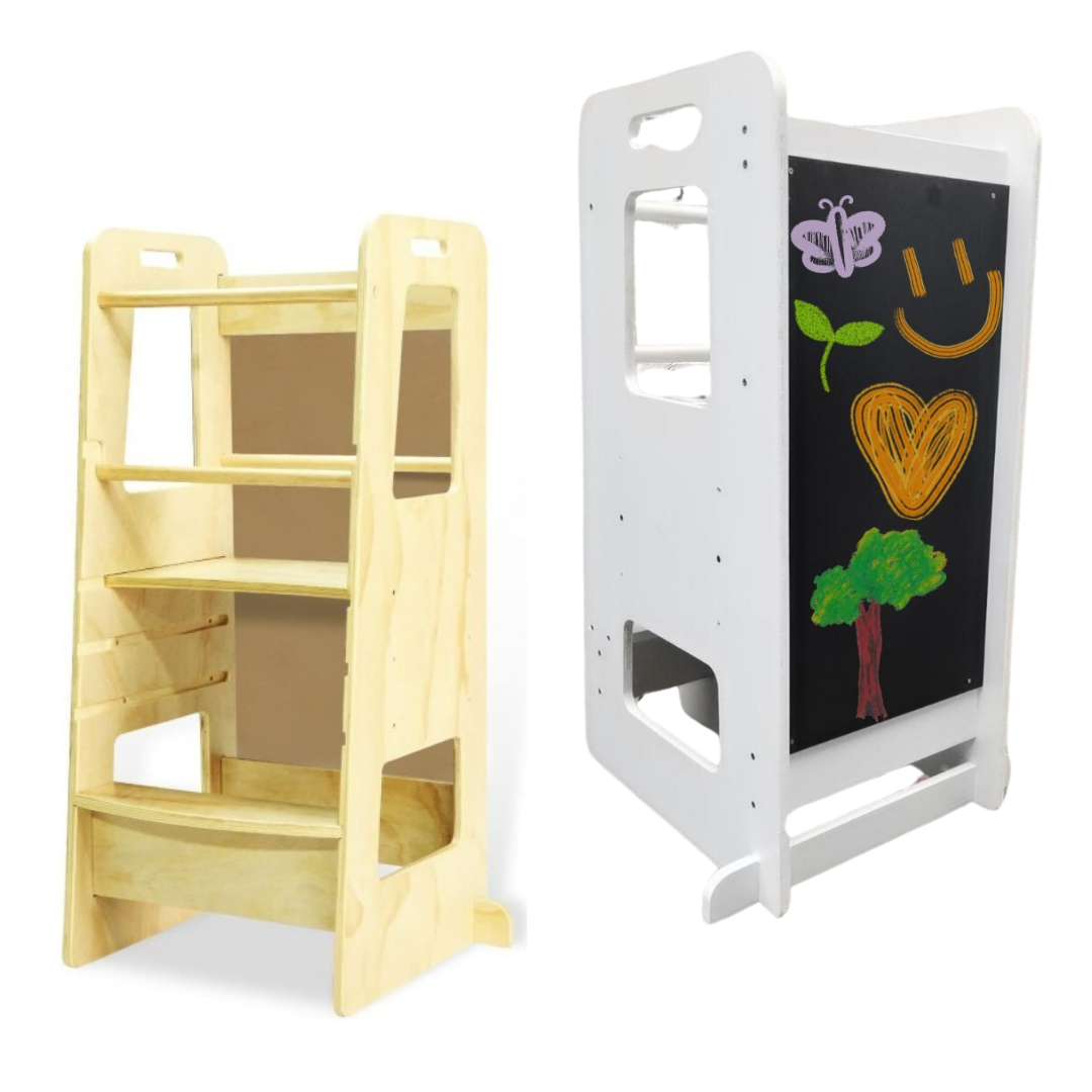 Torre de aprendizagem em madeira clara com quadro de desenho preto e desenhos coloridos