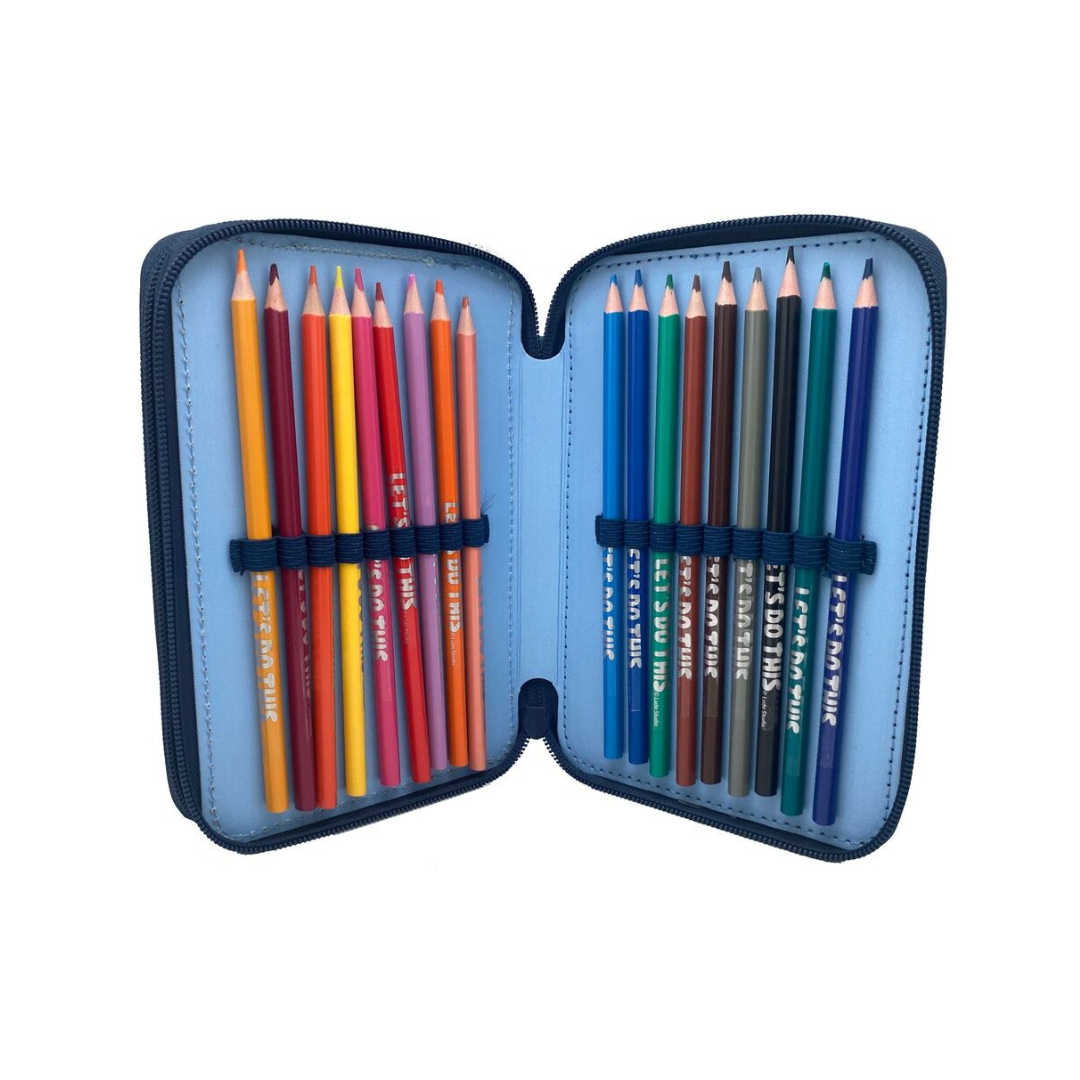 Estojo aberto com lápis de cor organizados em elásticos