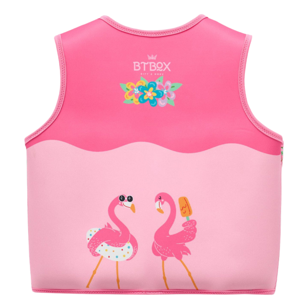 Colete salva-vidas rosa com desenho de flamingos e texto BTBOX