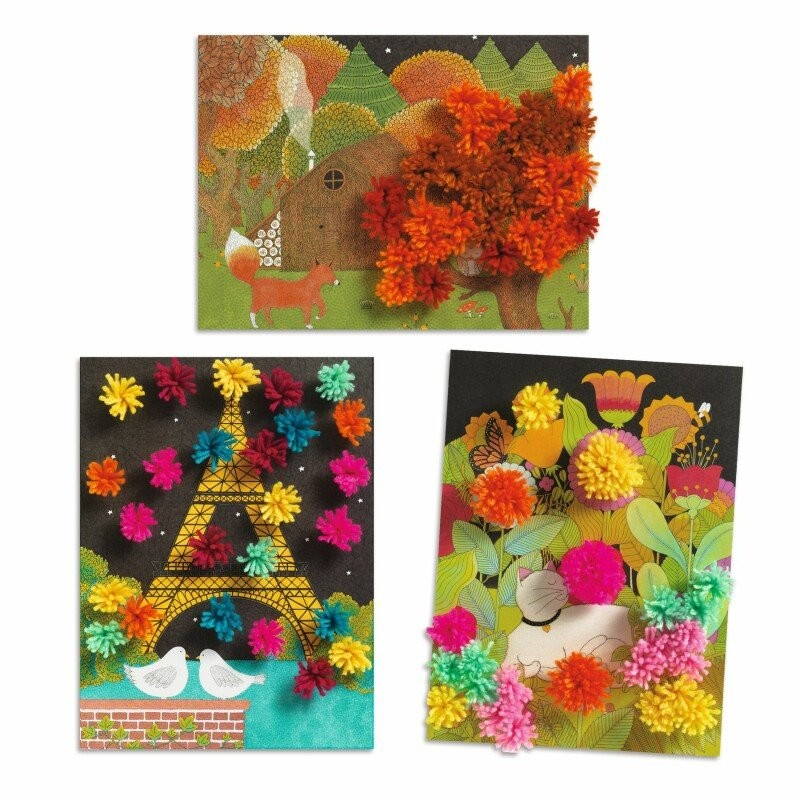 Três cartões decorativos com flores e desenhos coloridos