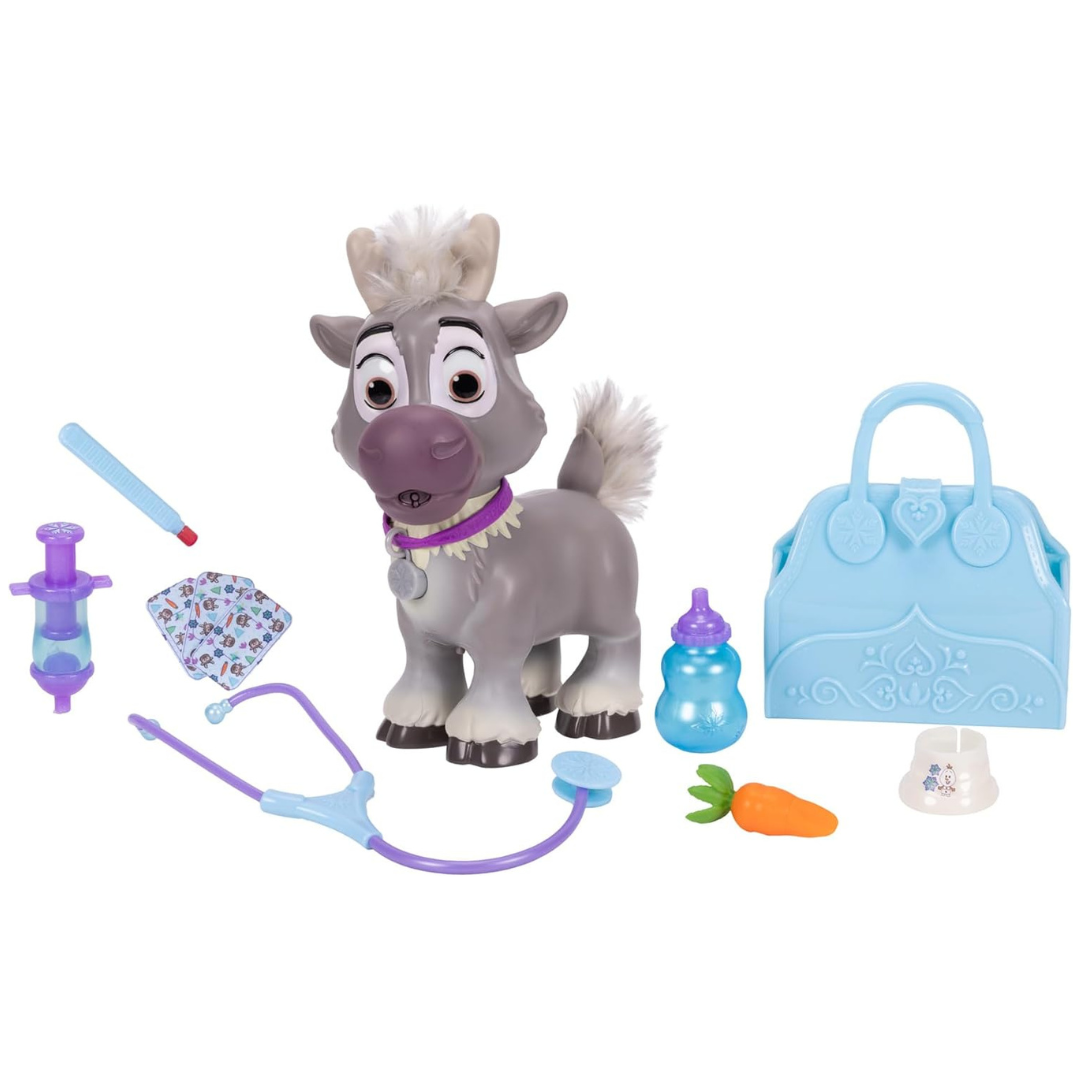 Conjunto de brinquedo de veterinário com figura de rena e acessórios coloridos.