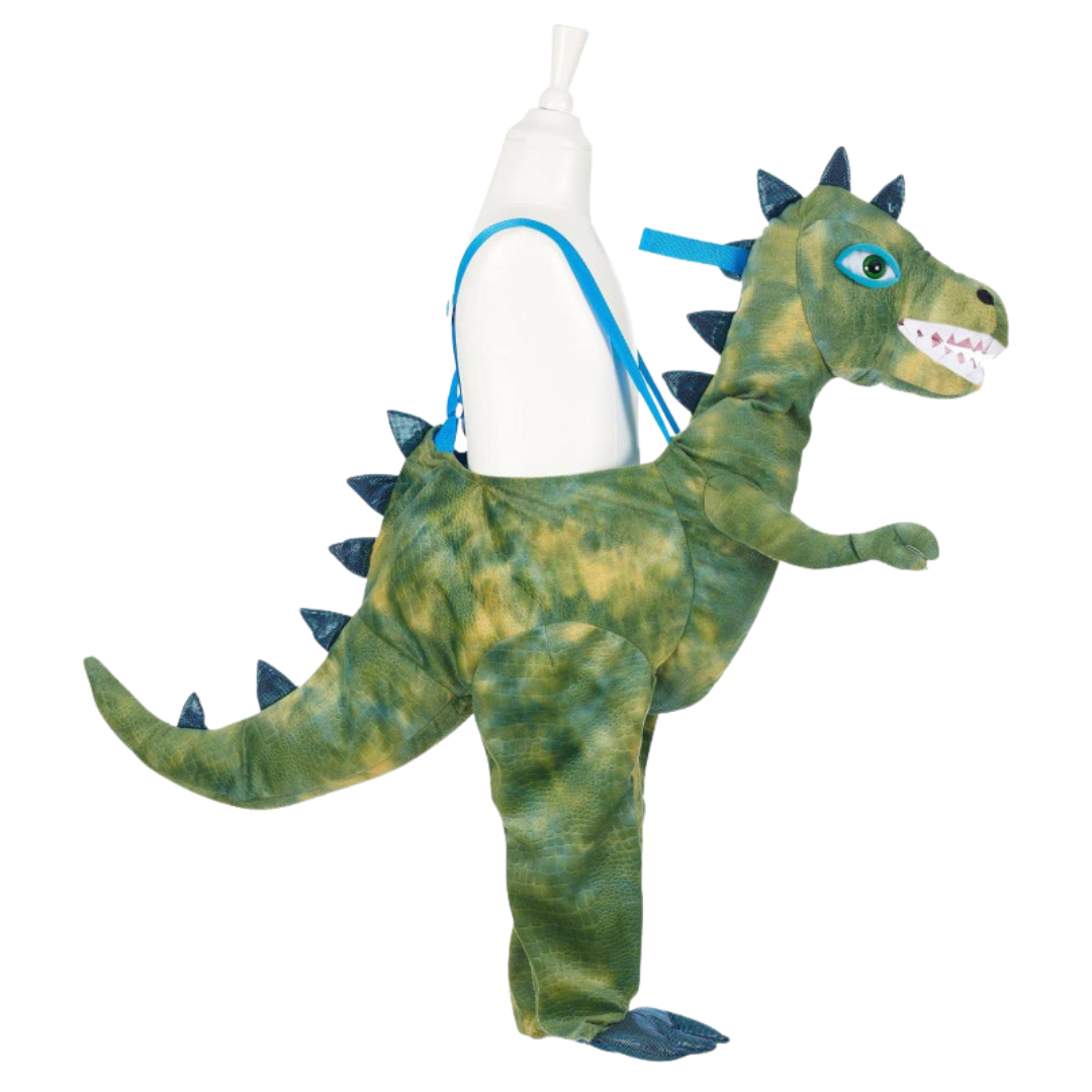 Mochila peluche dinossauro verde com garrafa branca