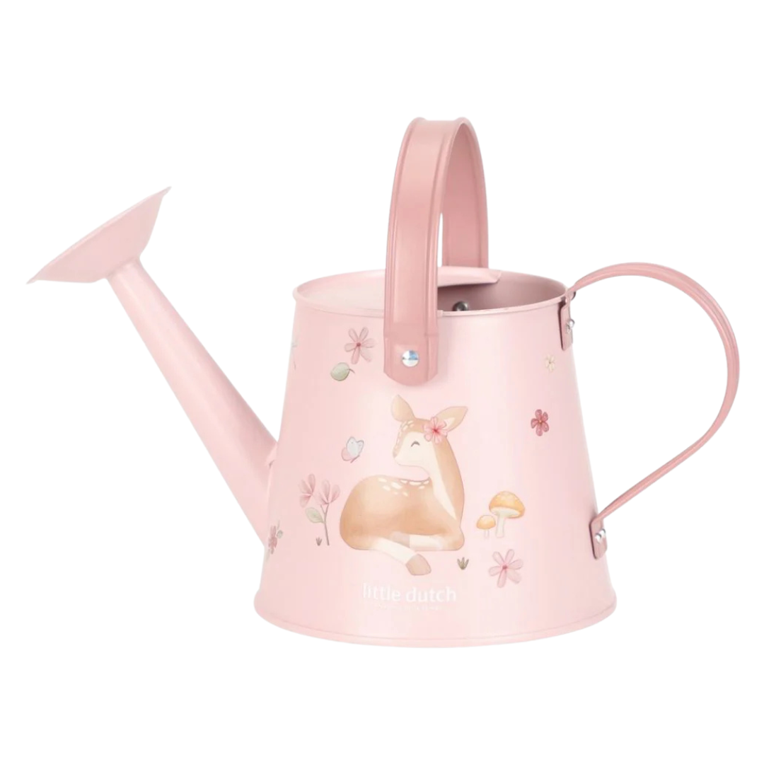 Regador metálico rosa com ilustração de veado e flores