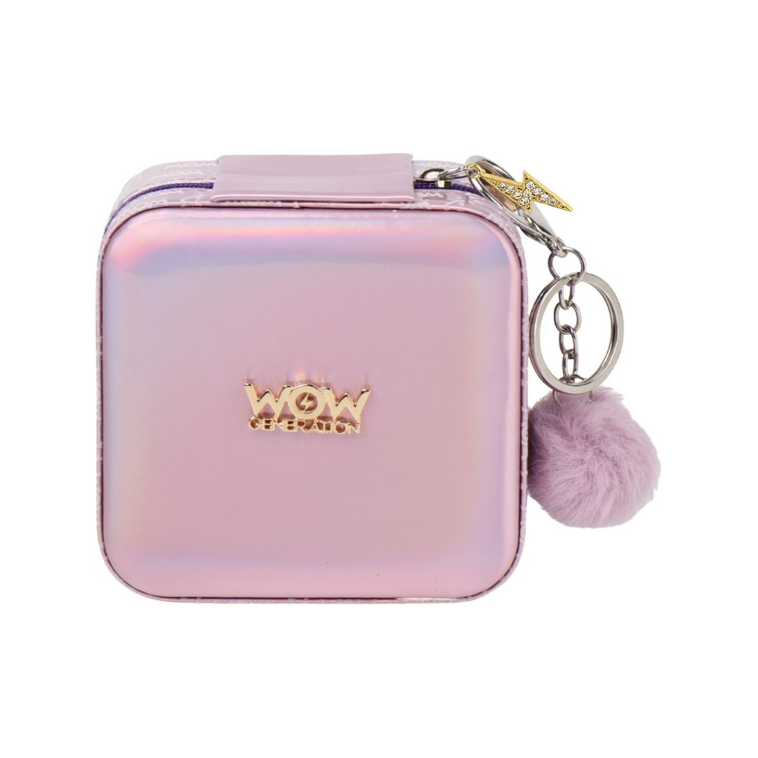 Estojo compacto cor-de-rosa metálico com chaveiro e texto WOW VIAGEM