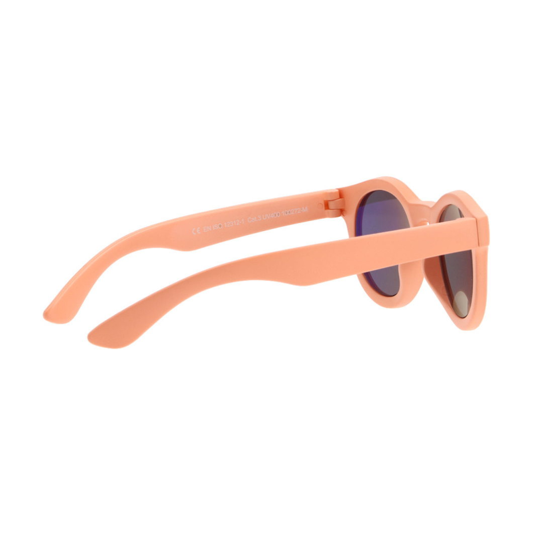 Óculos de sol salmão com lentes redondas azuis e texto na haste