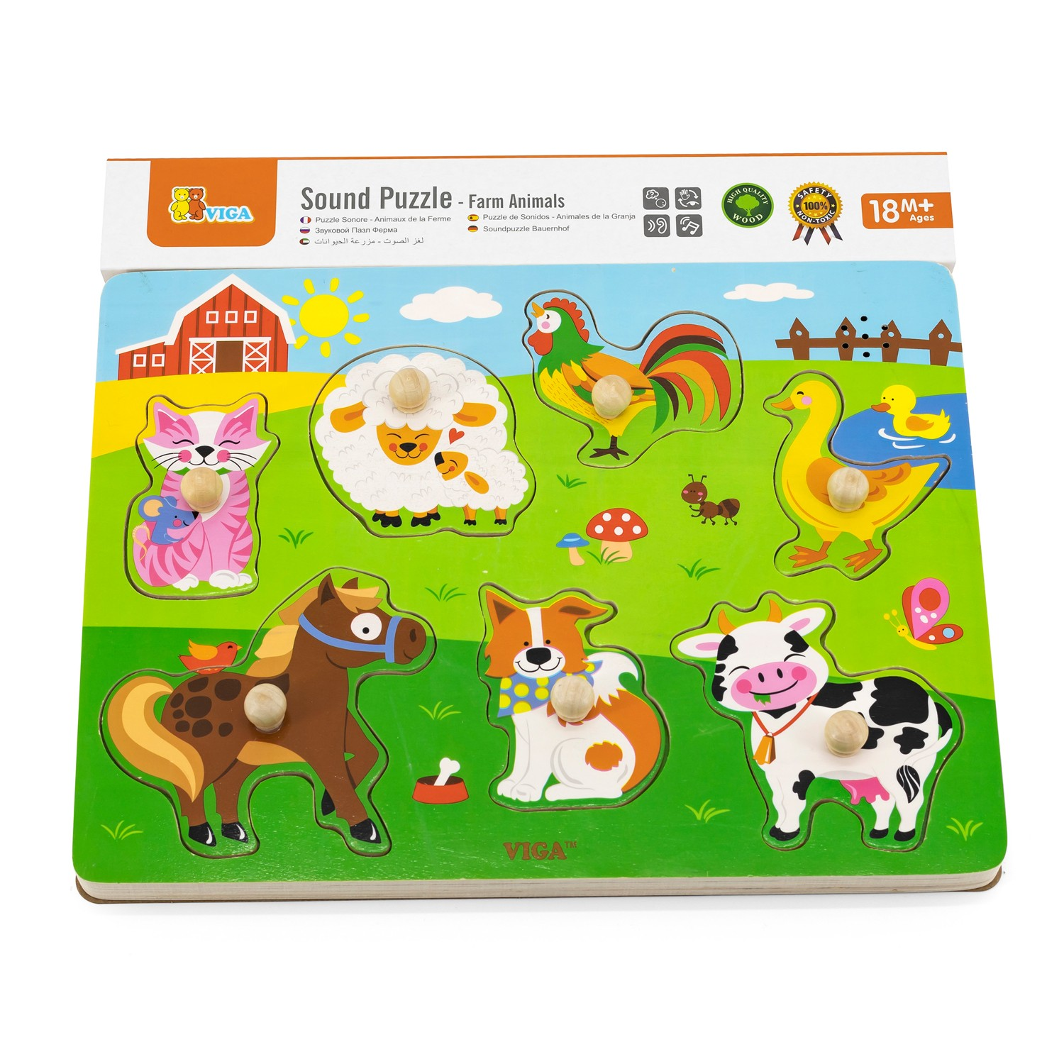 Quebra-cabeça sonoro de madeira com animais da quinta e botões de madeira para crianças.