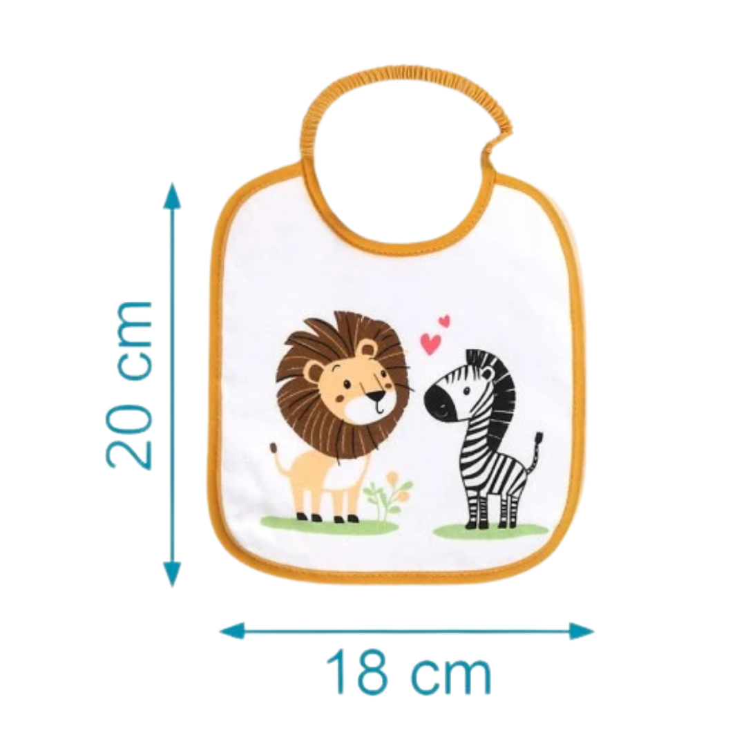 Babete branco com borda laranja e desenhos de leão e zebra