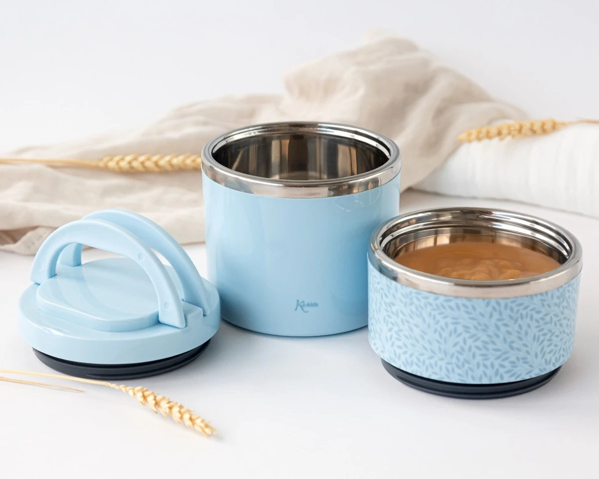 Conjunto de tupperwares azuis de aço inox e plástico com tampa