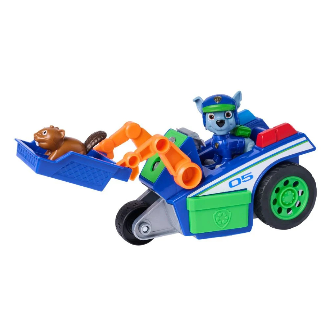 Brinquedo de veículo com figura de cão e castor numa pá