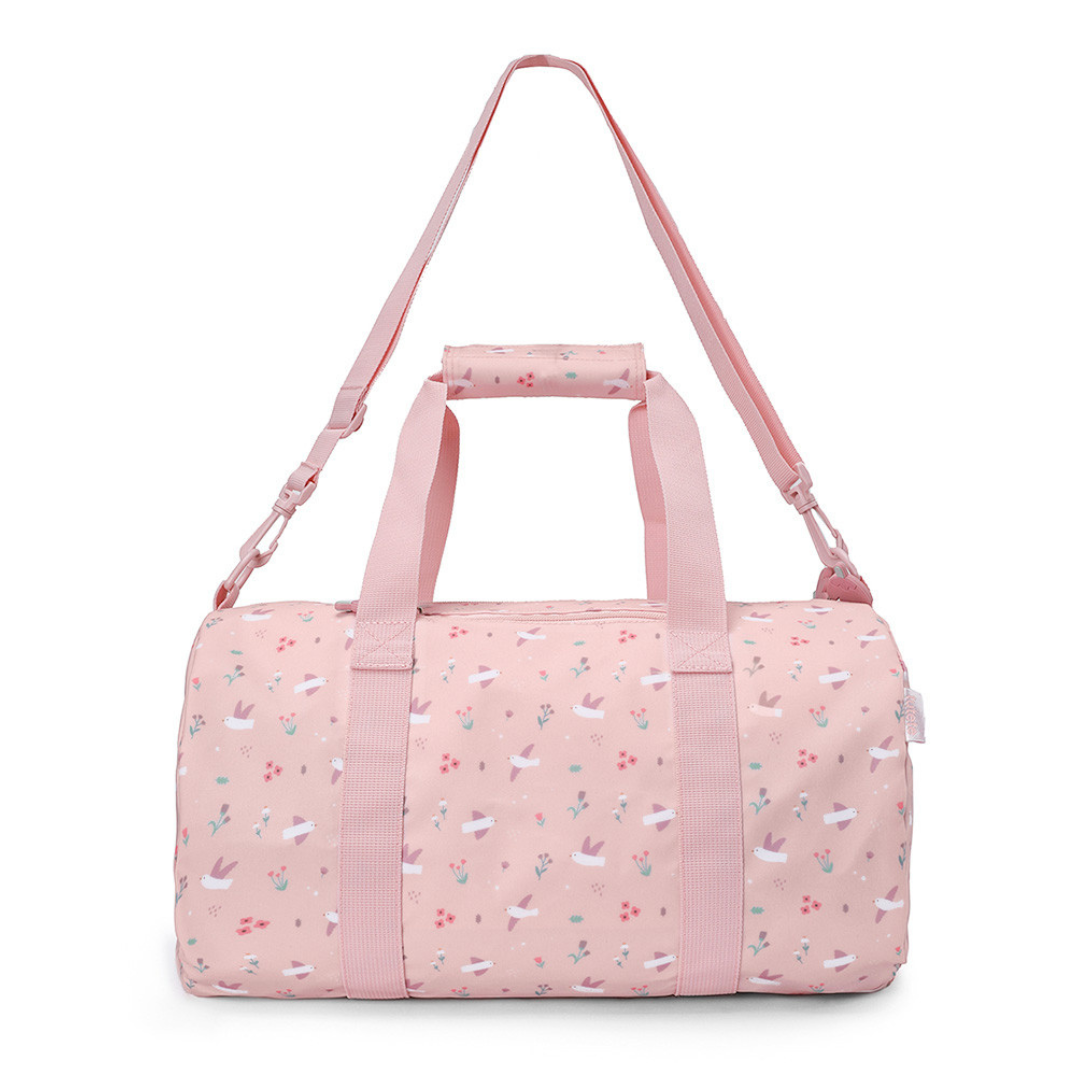 Mala de desporto rosa com padrão de pássaros e flores