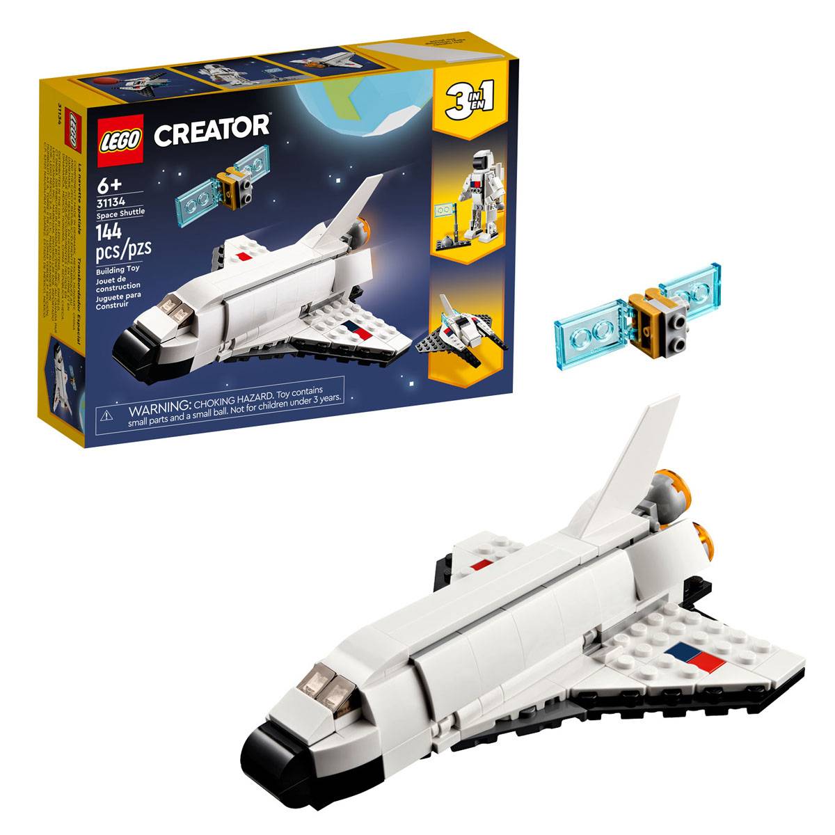 Conjunto LEGO Creator 3 em 1 Space Shuttle com peças de construção e brinquedos relacionados ao espaço.