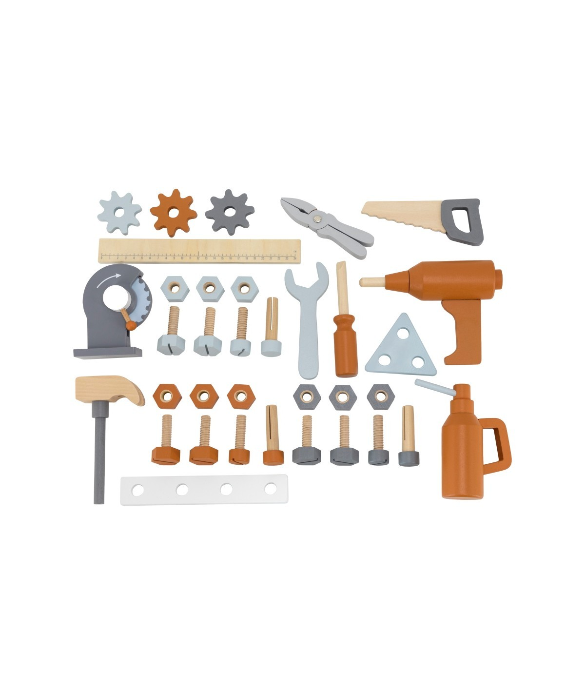 Conjunto de ferramentas de brincar de madeira com várias peças em fundo branco