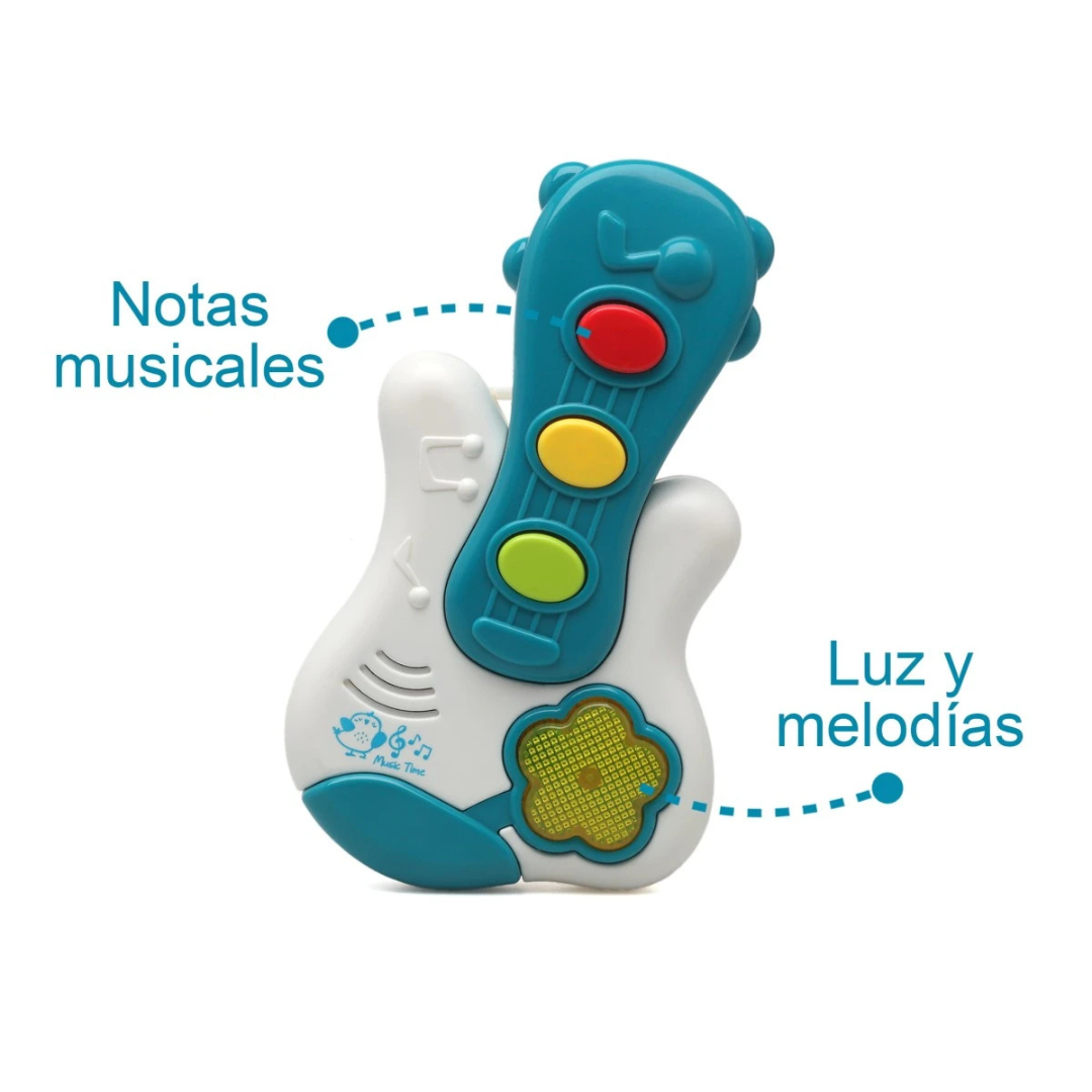 Brinquedo musical para crianças com botões coloridos em forma de guitarra em plástico.