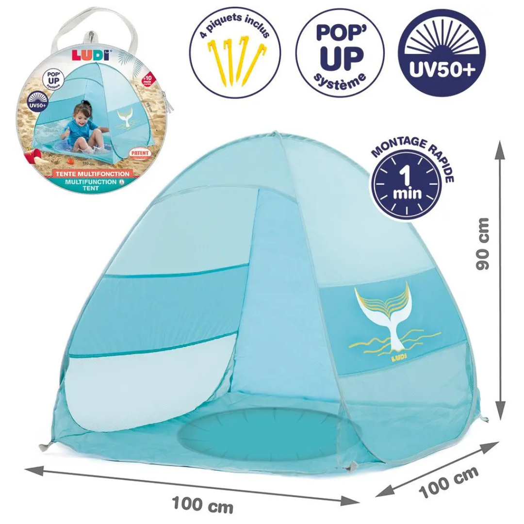 Tenda azul claro multifunções com protecção UV e sistema pop-up