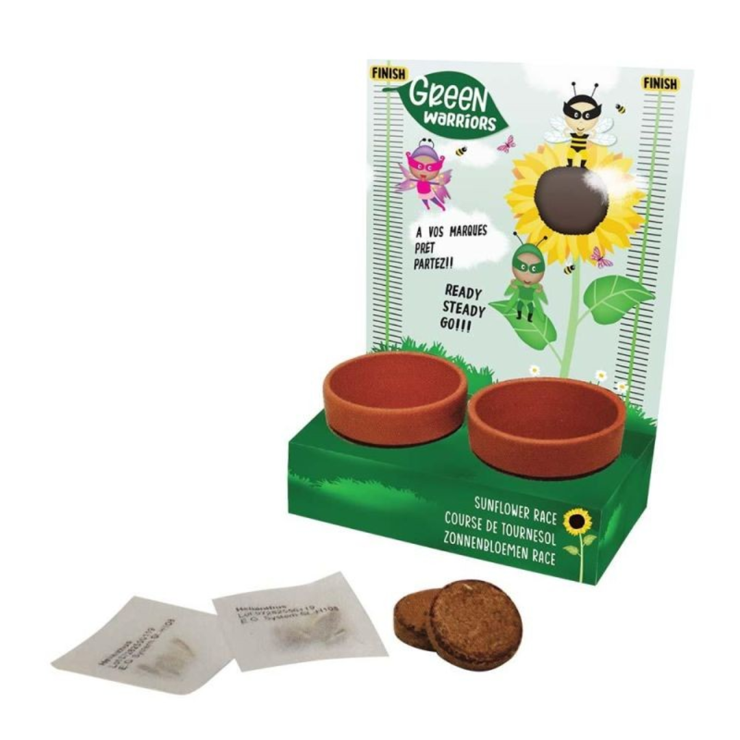 Expositor com vasos para sementes de girassol e embalagem colorida com texto e personagens