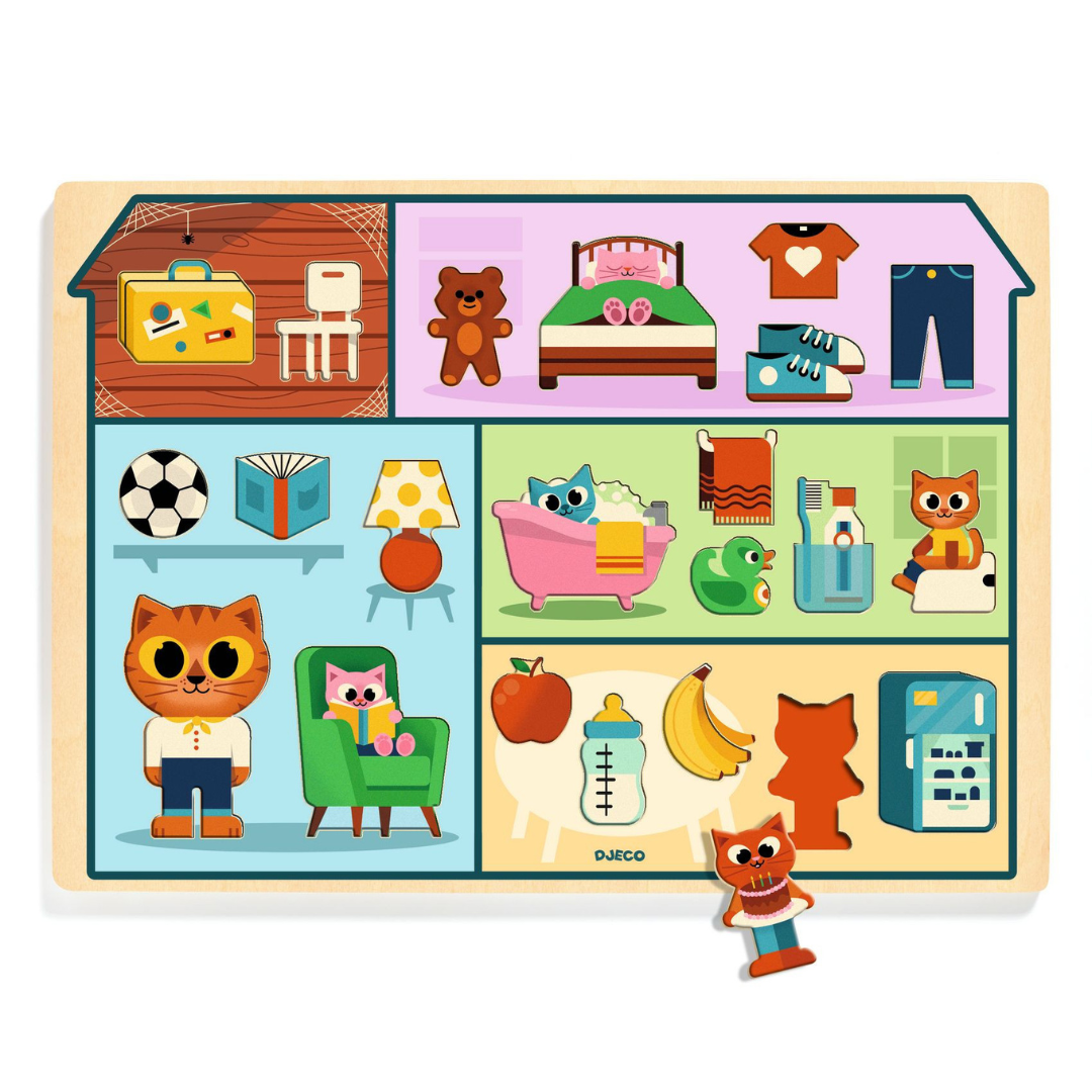 Painel de figuras recortáveis de casa e objetos com gatos e itens do dia a dia