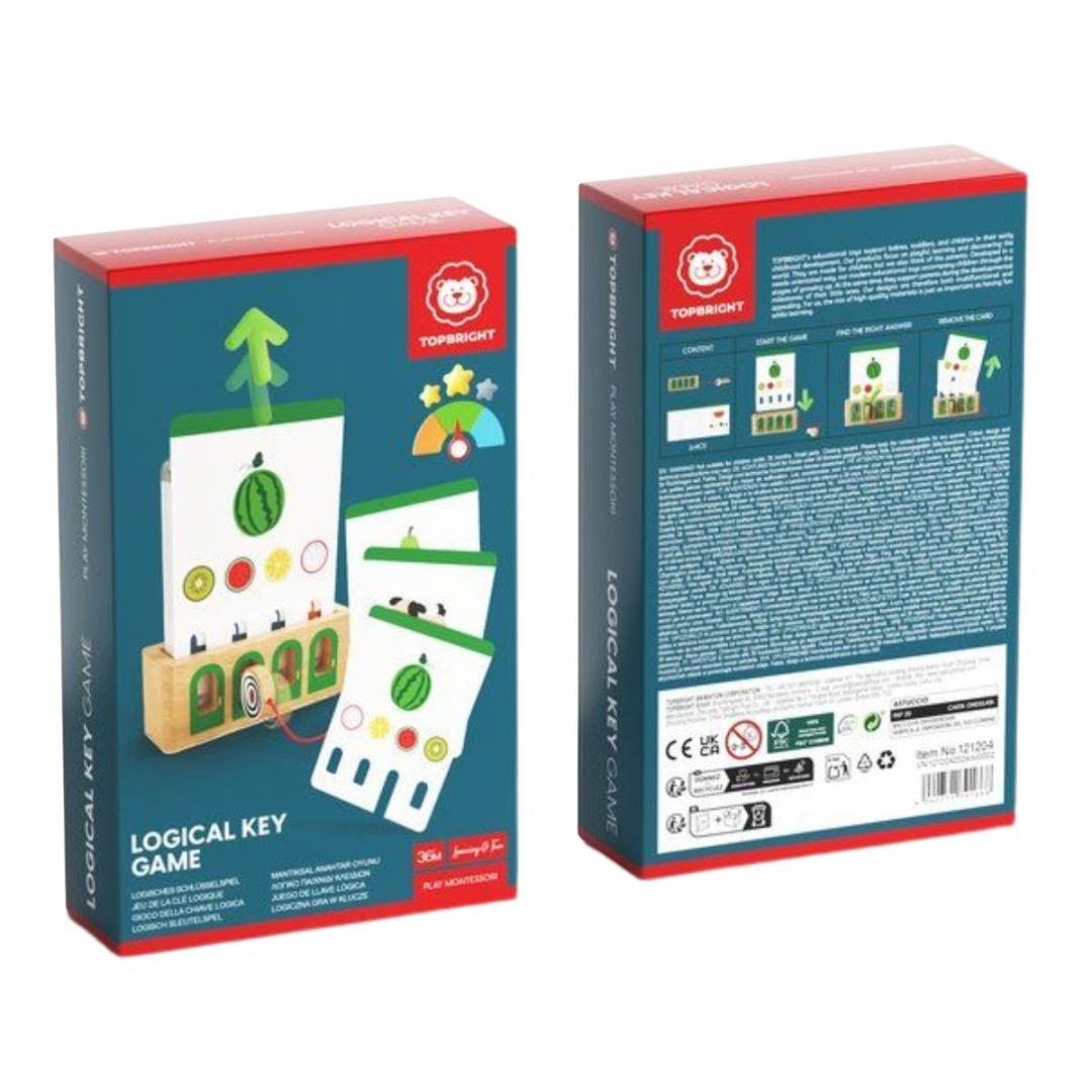 Caixa à frente e verso do jogo lógico Logical Key Game da TOPBRIGHT com imagens de frutas e peças de madeira.