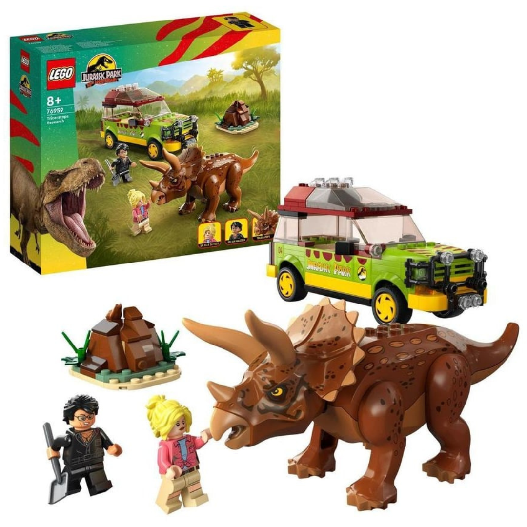 Conjunto de brinquedo LEGO Jurassic Park com veículo, dinossauro Triceratops e personagens