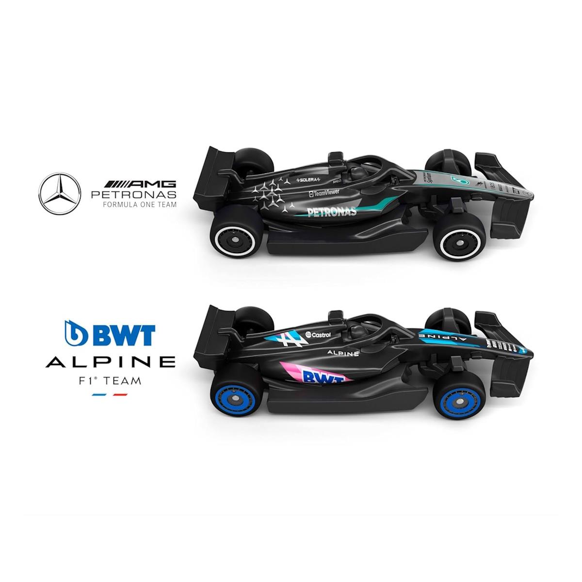 Dois carros de Fórmula 1 em miniatura com detalhes de patrocinadores em preto, turquesa, azul e rosa