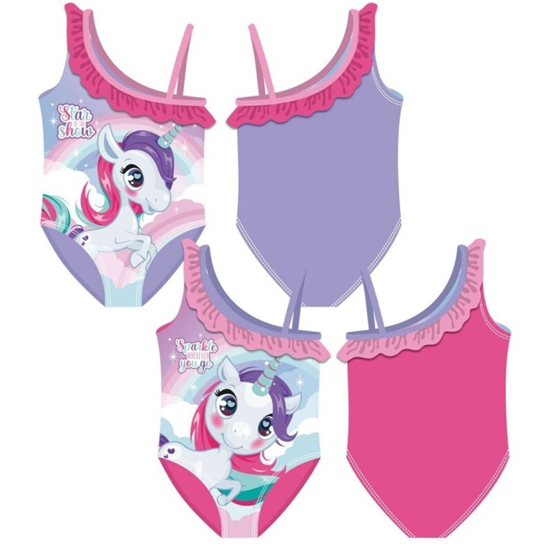 fatos de banho infantis com estampados de unicórnio e folhos cor-de-rosa