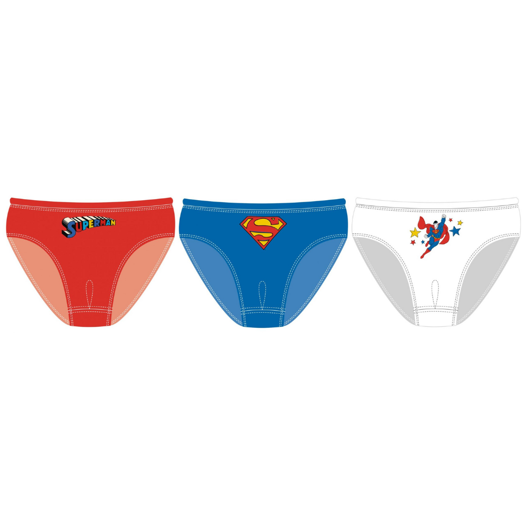 Três cuecas infantis com temas do Superman em vermelho, azul e branco.