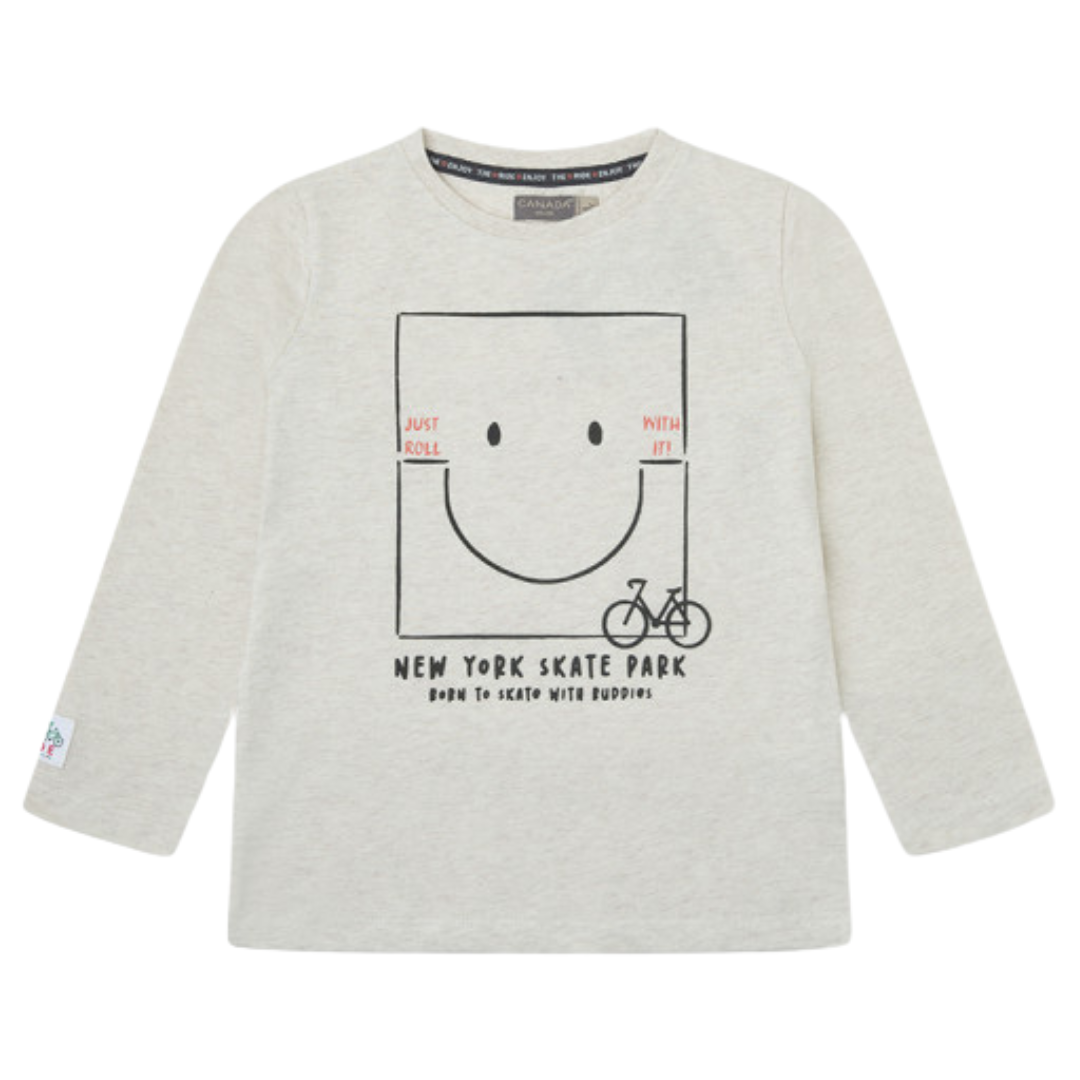 Camisola cinza claro de manga comprida com estampa smiley e texto skate