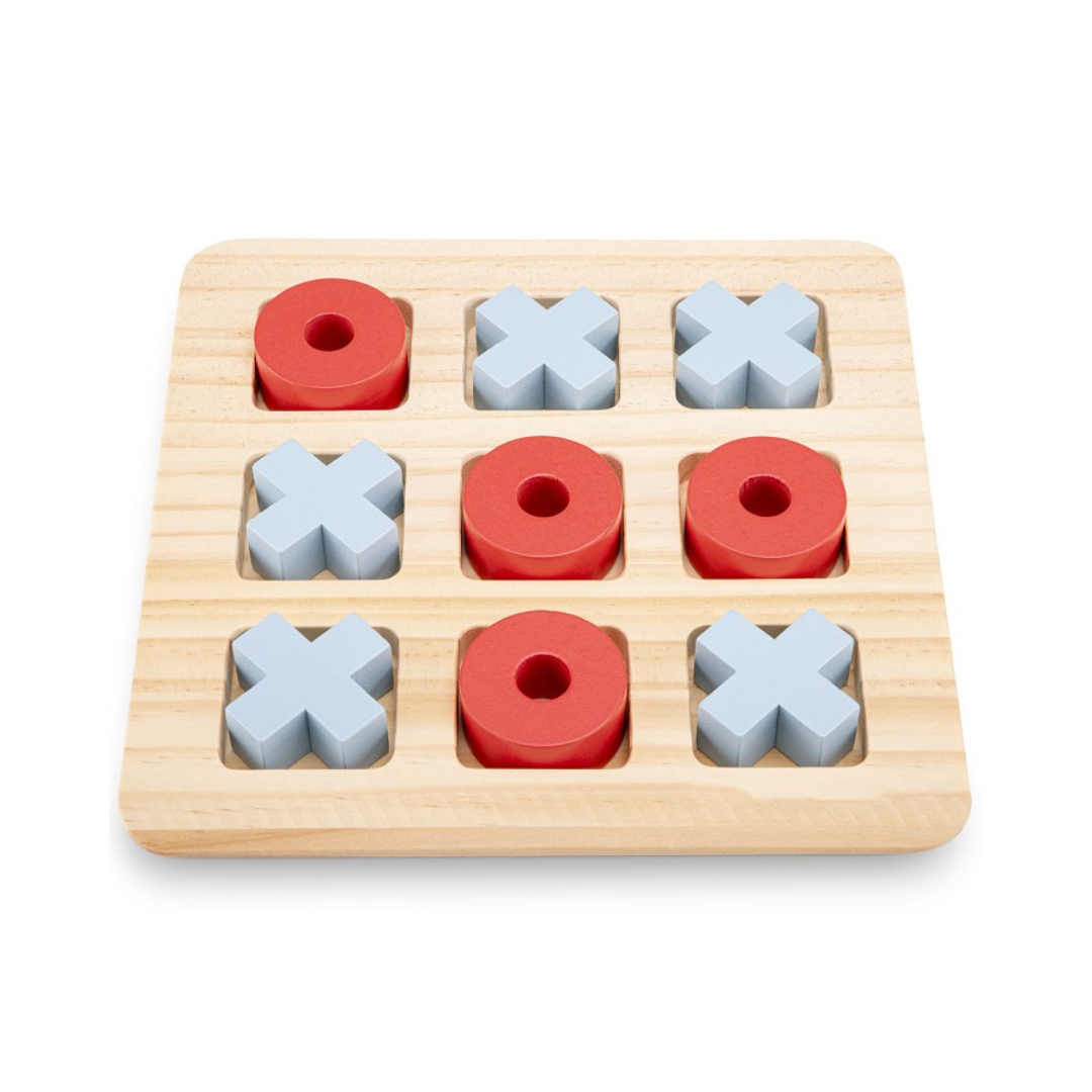 Jogo da velha em madeira com peças vermelhas e cinza.