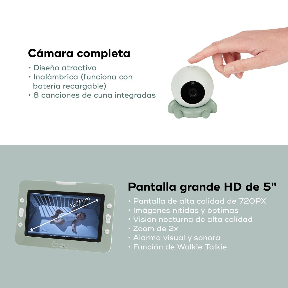 Câmara sem fios branca com base verde e monitor HD verde mostrando bebé a dormir