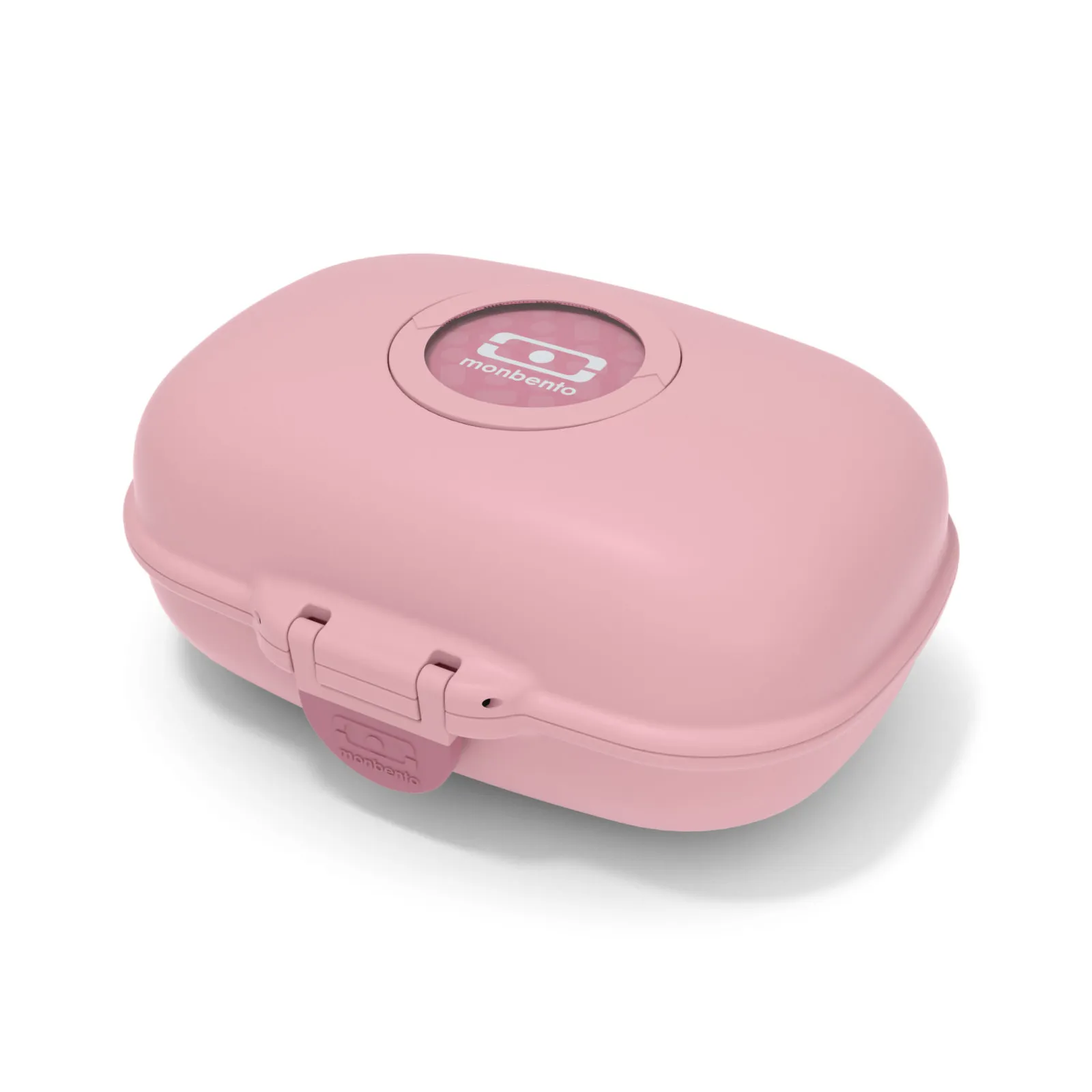Caixa plástica rosa com logo monbento na tampa e fecho