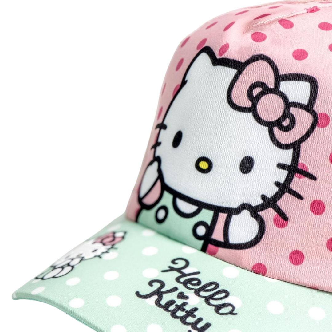 Boné infantil Hello Kitty rosa com bolinhas e texto na aba