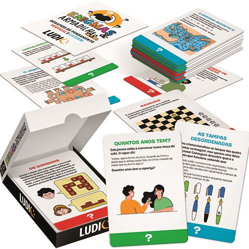 Jogo de cartas educativo com perguntas e ilustrações coloridas, caixa branca aberta com logotipo LUDIC