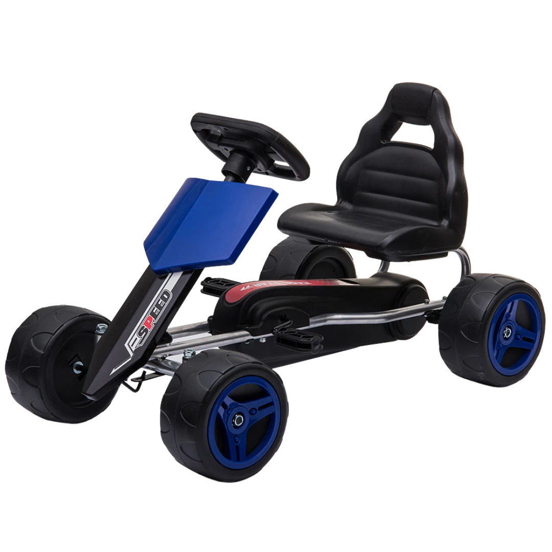 Kart infantil preto e azul com volante e quatro rodas
